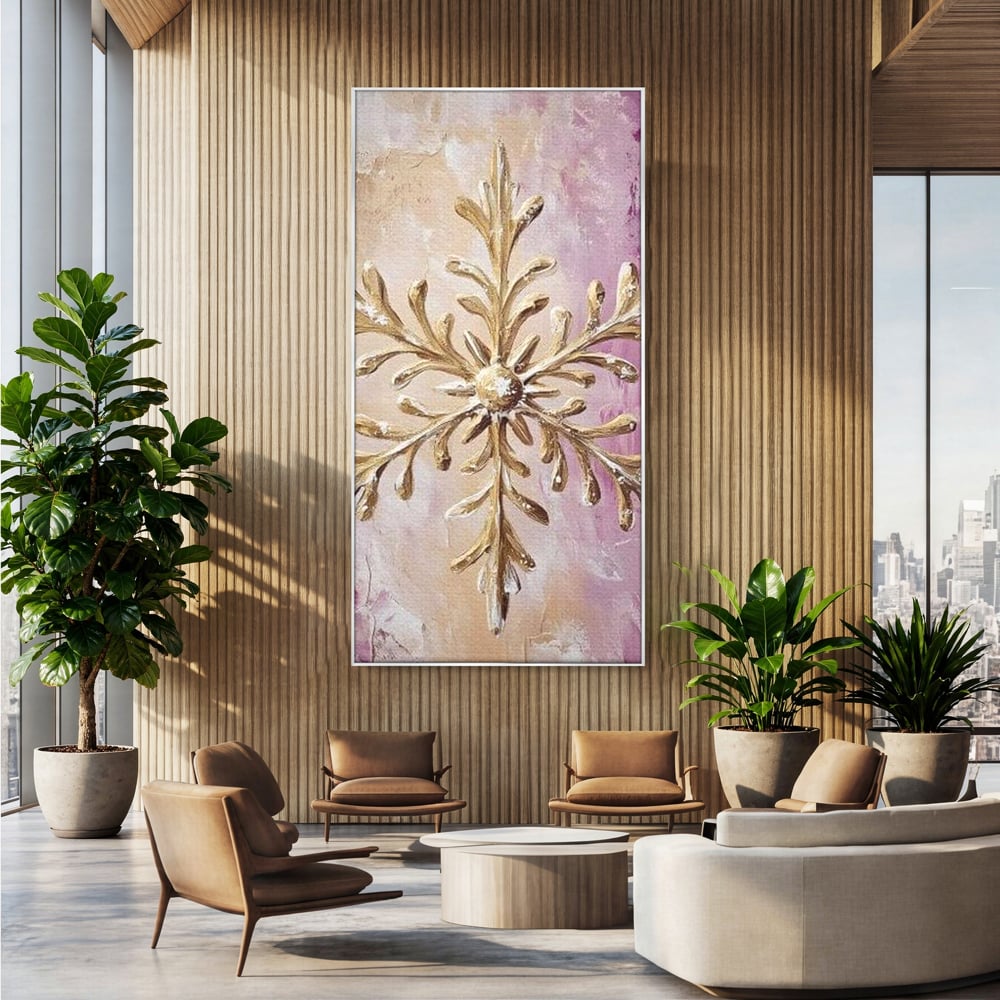 Tablou canvas cu tablou cu fulg de nea auriu in relief, in rama de aluminiu argintiu, pe perete intr-un birou